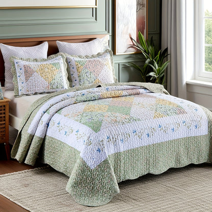 3pcs Green Patchwork Quilt Set Reversible Bedspread Lightweight Bedding with 2pcs Pillow Shams, All Season