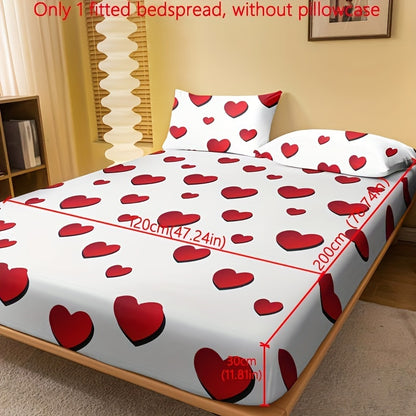 1pc Fitted Sheet, Red And White Heart Pattern Printed Bedding, Soft Comfortable Breathable Fitted Sheet for Bedroom, Guest Room, Fitted Bed Sheet Only