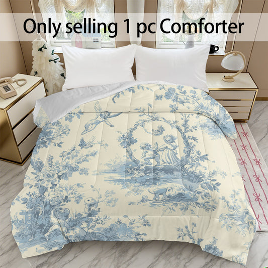 1pc Bedding Featuring a Vintage Cherub And Floral Toile Design in Light Blue, Made from a with Fiber Filling. It Has U-Stitch Quilting, Is Machine Washable, And Retains Its Shape, Perfect for Decorating a Bedroom Or Guest Room (Pillow Not Included)