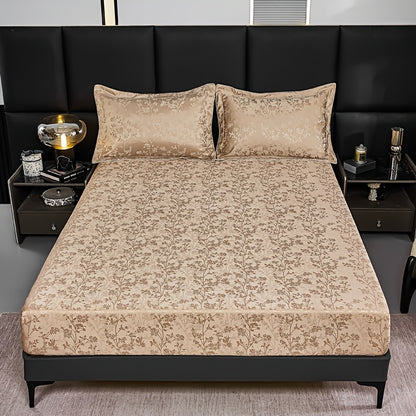 100% Microfiber High Quality Jacquard Satin Bed Sheet Set (1 Fitted Sheet + 2 Pillowcases), Soft And Comfortable, Cooling, Skin-Friendly And Breathable, Suitable for Bedroom/Dormitory Bedding, High Thread Count, Machine Washable, Anti-Shrinkage