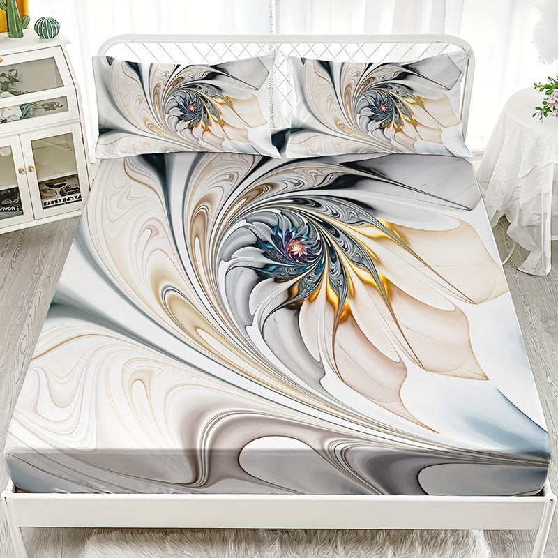 3pcs Marble Pattern Fitted Sheet Set - Includes 1 Deep Pocket Fitted Sheet & 2 Pillowcases, Breathable Polyester, Machine Washable for All Seasons - Perfect for Home & Dorm Decor