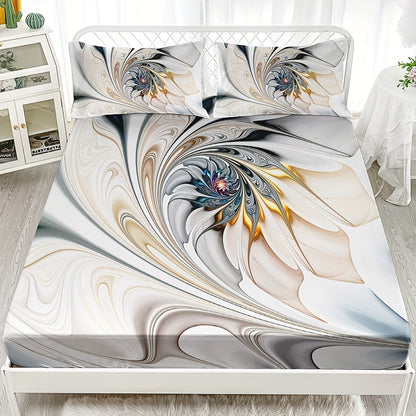 3pcs Marble Pattern Fitted Sheet Set - Includes 1 Deep Pocket Fitted Sheet & 2 Pillowcases, Breathable Polyester, Machine Washable for All Seasons - Perfect for Home & Dorm Decor