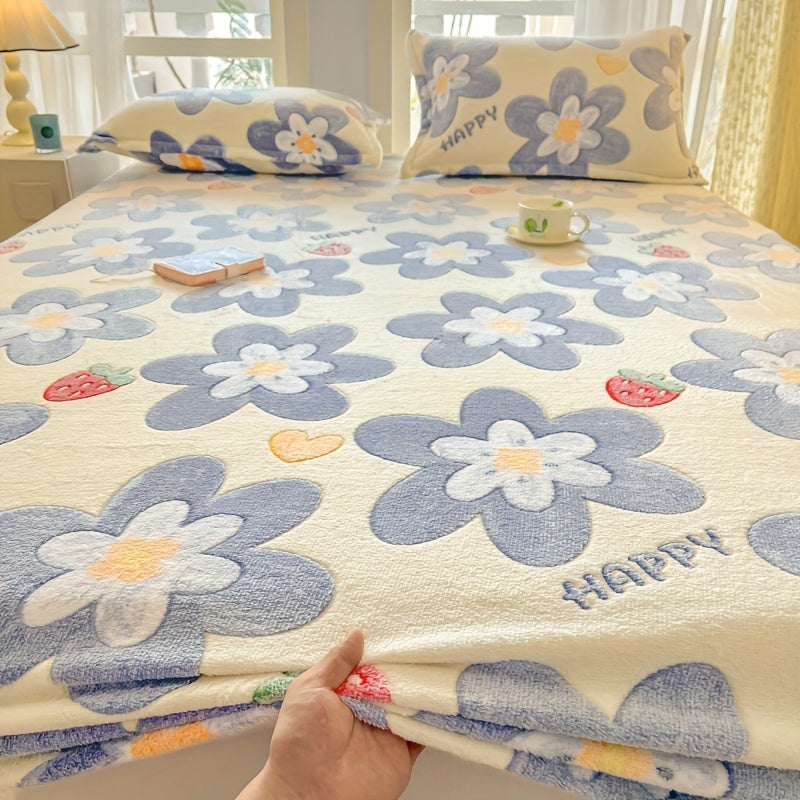 1pc Plush Fitted Sheet - Soft Flannel Bedding with Floral Pattern, Machine Washable, Zipper Closure, Perfect for Christmas & Halloween Gifts, Ideal for &, Bedroom Decor, Bedroom Decor | Floral Pattern | Plush Fabric