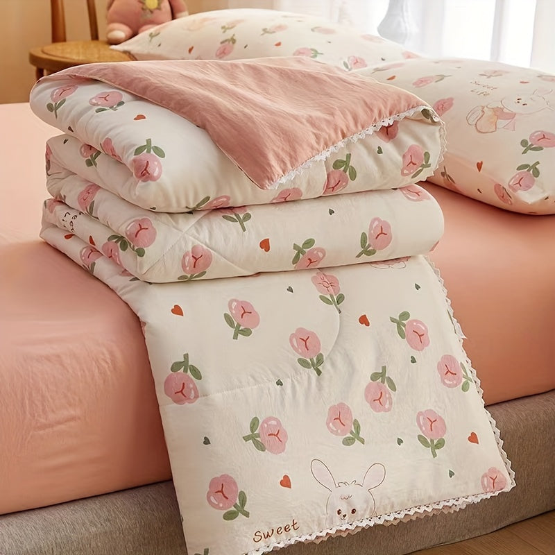 1pc Cute Rabbit & Rose Bedspread - Summer Quilt with Tassel Lace Edges, Super Soft Washed Fabric, Charming Rabbit & Floral Design, Machine Washable Thin Bed Cover for Room,, or Cozy Bedding Accent - Easy Care & Durable