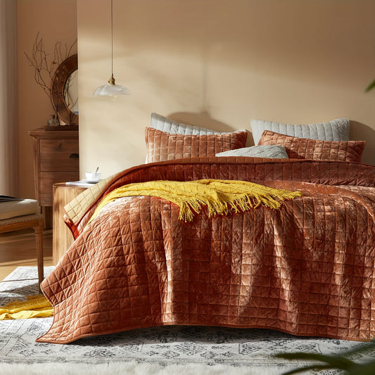 Velvet Quilt Full/Queen/King/California King Size, Lightweight Burnt Orange/Navy Blue Velvet Comforter Set with 2 Pillow Shams, Soft Bedspread Coverlet Quilted Bedding Set for All Season