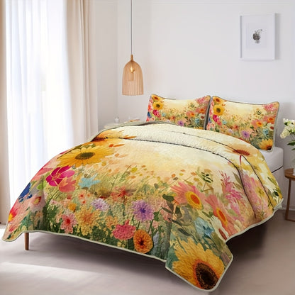 Sunflower Meadow Pattern Quilt Set (1 Quilt +1/2 Pillowcases, Without Fillers) Easy Care, Hypoallergenic Feature Bedspread Coverlet | Soft, Breathable & Machine Washable | Perfect for Men/Women in Dorms/Hotels (Full/Queen/King)