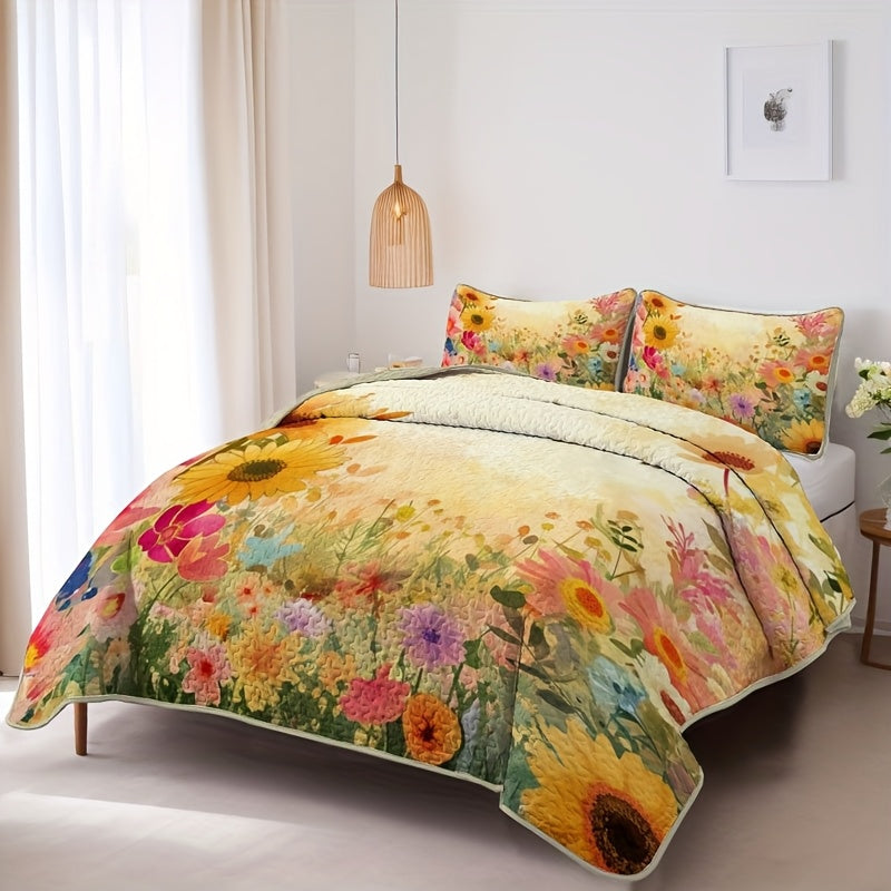Sunflower Meadow Pattern Quilt Set (1 Quilt +1/2 Pillowcases, Without Fillers) Easy Care, Hypoallergenic Feature Bedspread Coverlet | Soft, Breathable & Machine Washable | Perfect for Men/Women in Dorms/Hotels (Full/Queen/King)