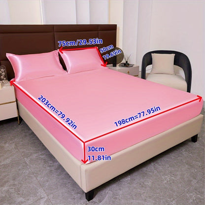 3pcs Cool But Not Icy Fresh Soft Smooth - Solid Color Satin 1pc Fitted Sheet And 1 Pair Pillowcases