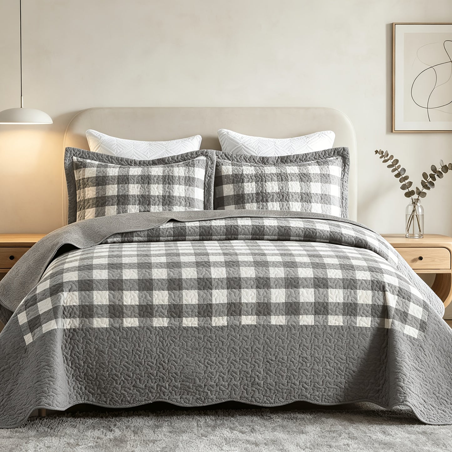 3pcs Green Patchwork Quilt Set Reversible Bedspread Lightweight Bedding with 2pcs Pillow Shams, All Season