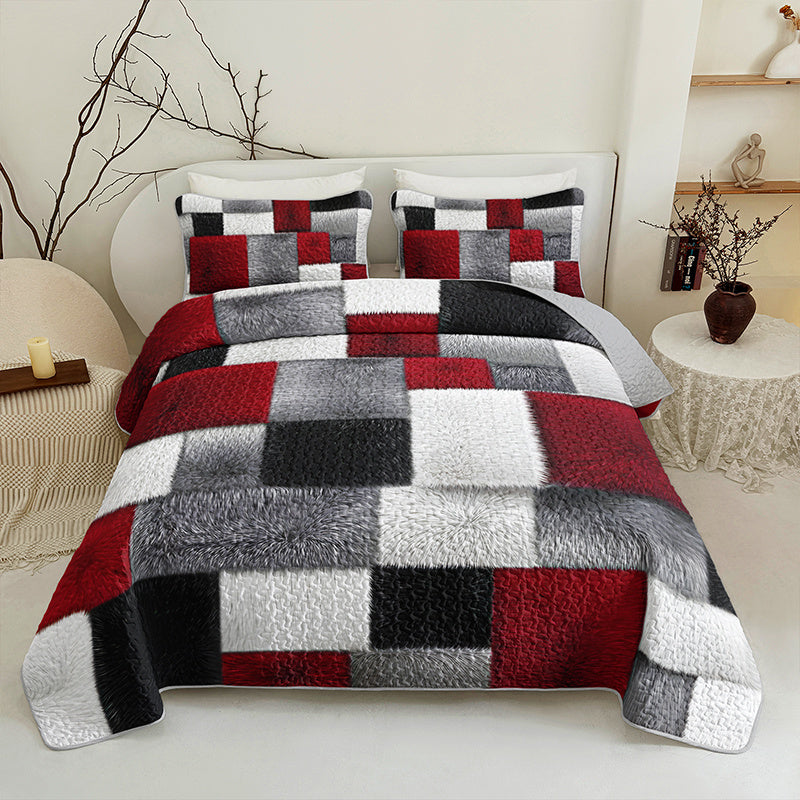 2/3pcs Modern Minimalist Geometric Square Print Durable Quilted Bedspread Set (1 Bedspread + 1/2 Pillowcases Without Pillow Inserts), Queen And King Size Home Dormitory HD Print. Breathable And Easy to Care for