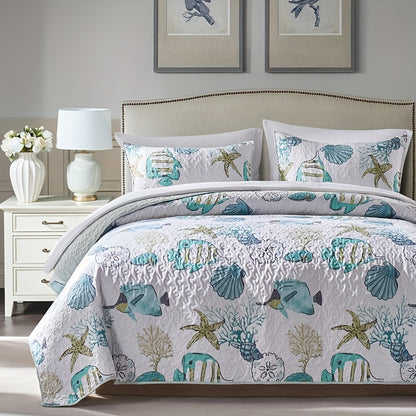 3 Piece Coastal Comforter Set - Lightweight Polyester Beach Quilt with Starfish Shell Coral Print, Machine Washable Bedspread with Pillowcases (No Filling)