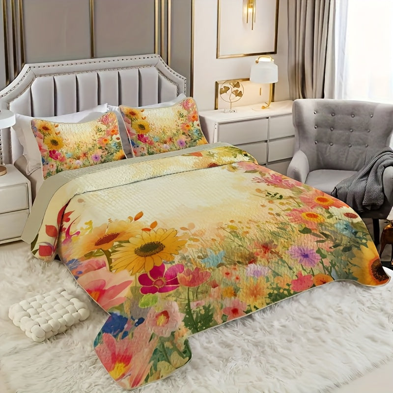 Sunflower Meadow Pattern Quilt Set (1 Quilt +1/2 Pillowcases, Without Fillers) Easy Care, Hypoallergenic Feature Bedspread Coverlet | Soft, Breathable & Machine Washable | Perfect for Men/Women in Dorms/Hotels (Full/Queen/King)