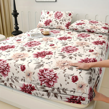 Polyester Smooth Skin-Friendly Single-Piece Fitted Sheet for King Queen Twin Size Beds with Elegant Floral Design, Red Pink Flowers Green Leaves Pattern, Ultra-Soft Breathable Bed Sheet for Cozy Bedroom Decor