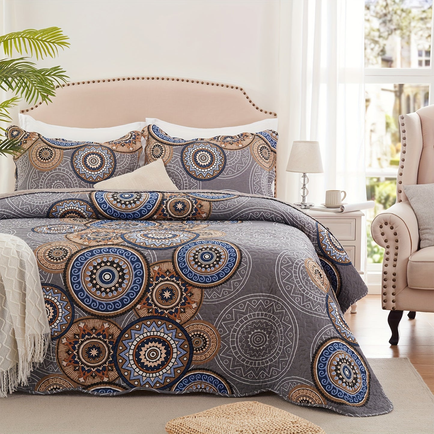 3pcs Queen And King Size Quilt Set, Orange Rust Olive Green Grey Bedspread Coverlet, Soft Lightweight Microfiber Floral Blanket, Luxurious Warm Oversized Bed Cover for All Seasons (1 Quilt, 2 Pillow Shams)