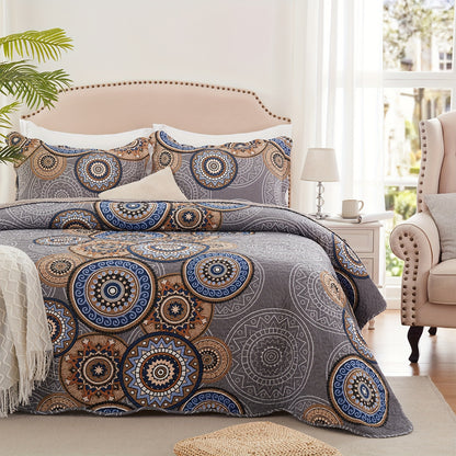3pcs Queen And King Size Quilt Set, Orange Rust Olive Green Grey Bedspread Coverlet, Soft Lightweight Microfiber Floral Blanket, Luxurious Warm Oversized Bed Cover for All Seasons (1 Quilt, 2 Pillow Shams)