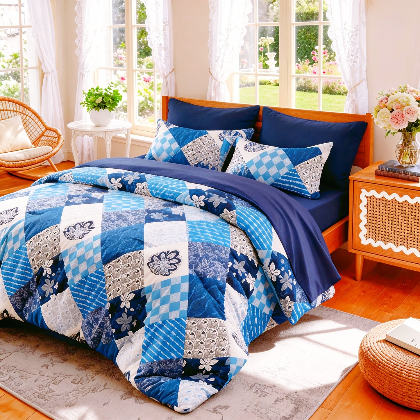 King Size Comforter Set- 7pcs Boho Bed In A Bag Queen Size Include 1 Patchwork Down Alternative Quilt & 1 Flat Sheet & 1 Fitted Sheet In 16" Deep Pockets & 2 Pillowcase & 2 Printed Pillow Shams, Bedding Sheet Set For All Seasons, Machine