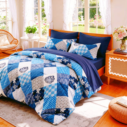 King Size Comforter Set- 7pcs Boho Bed In A Bag Queen Size Include 1 Patchwork Down Alternative Quilt & 1 Flat Sheet & 1 Fitted Sheet In 16" Deep Pockets & 2 Pillowcase & 2 Printed Pillow Shams, Bedding Sheet Set For All Seasons, Machine