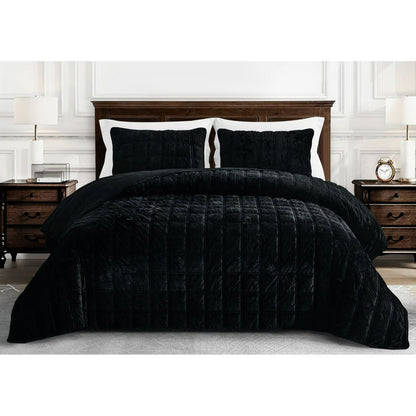 3-Piece Distressed Velvet Quilt Set, Piers Plush Velvet Bedspread Soft Washed Microfiber Reverse with Double Square Stitch Oversized King/King/Queen Size