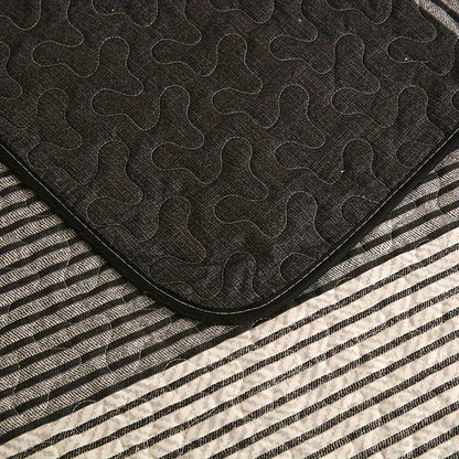 3pcs Brushed Print Quilted Bedding, Black And White Stripe Bedding