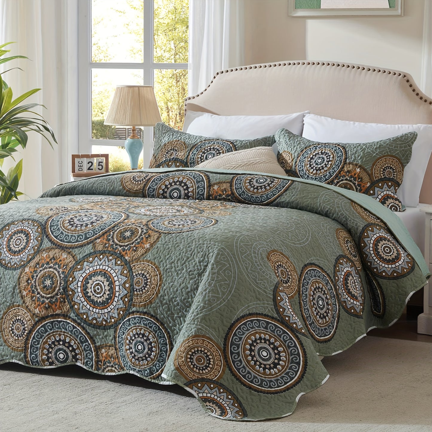3pcs Queen And King Size Quilt Set, Orange Rust Olive Green Grey Bedspread Coverlet, Soft Lightweight Microfiber Floral Blanket, Luxurious Warm Oversized Bed Cover for All Seasons (1 Quilt, 2 Pillow Shams)