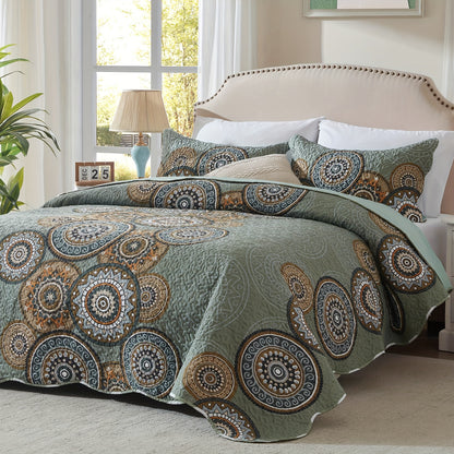 3pcs Queen And King Size Quilt Set, Orange Rust Olive Green Grey Bedspread Coverlet, Soft Lightweight Microfiber Floral Blanket, Luxurious Warm Oversized Bed Cover for All Seasons (1 Quilt, 2 Pillow Shams)