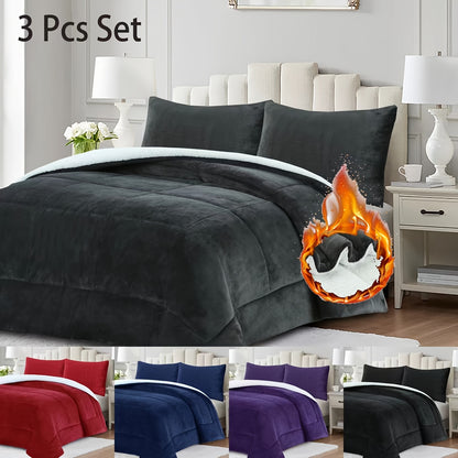 3pcs Ultra Soft Micromink Sherpa Comforter Set, Fluffy Winter Quilt for Cozy Warmth Machine Washable And Plush Reversible Comforter with 2 Pillowcases, Queen/King Size