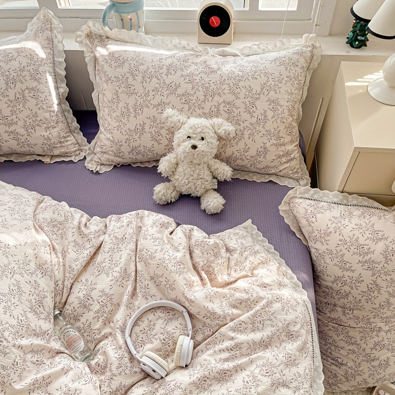 4pcss, Bedding 4pcs Set Includes 1pc Duvet Cover, 1pc Flat Sheet, 2pcs Pillowcases (Pillow Inserts And Duvet Inserts Not Included), Floral Fresh Style, Double Gauze Fabric, Skin-Friendly And Soft, Machine Washable, Breathable And Non-Stuffy