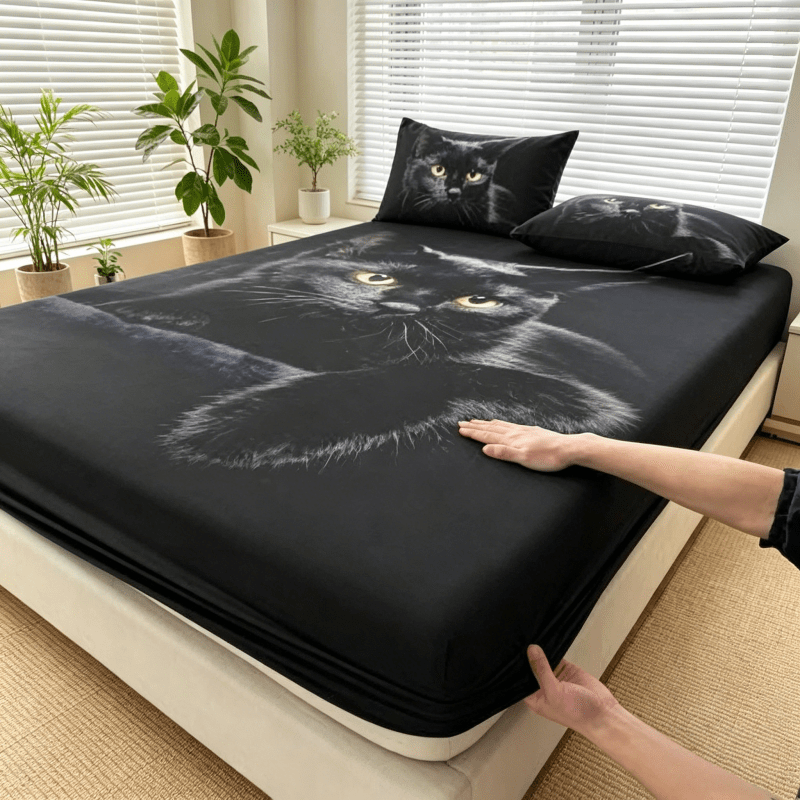 Soft Breathable Microfiber Fitted Sheet - Machine-Washable Easy Care, Deep Pocket Non-Slip Elastic Edge, Black Cat Print Novelty Design, Comfortable for All Seasons, Fits Most Single Bed Mattresses