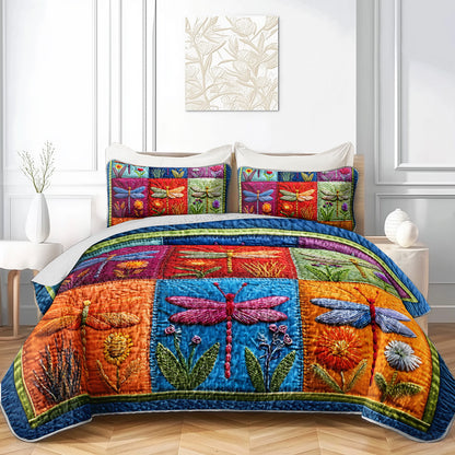 2/3pcs Vibrant Dragonfly Patchwork Printed Durable Quilted Bedspread Set (1 Bedspread + 1/2 Pillowcases Excluding Pillow Inserts), Available in Large And Extra-Large Sizes for Home And Dorm Use with High-Definition Prints. Breathable And Easy to Car