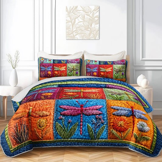 2/3pcs Vibrant Dragonfly Patchwork Printed Durable Quilted Bedspread Set (1 Bedspread + 1/2 Pillowcases Excluding Pillow Inserts), Available in Large And Extra-Large Sizes for Home And Dorm Use with High-Definition Prints. Breathable And Easy to Car