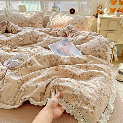4pcss, Bedding 4pcs Set Includes 1pc Duvet Cover, 1pc Flat Sheet, 2pcs Pillowcases (Pillow Inserts And Duvet Inserts Not Included), Floral Fresh Style, Double Gauze Fabric, Skin-Friendly And Soft, Machine Washable, Breathable And Non-Stuffy