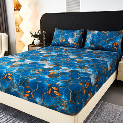 Ocean-Themed Geometric Grid Pattern Printed Fitted Sheet Set, Featuring High-End 3D Pattern Dyeing, Soft And Skin-Friendly, Stylish Designs, Available in Various Colors, Machine Washable