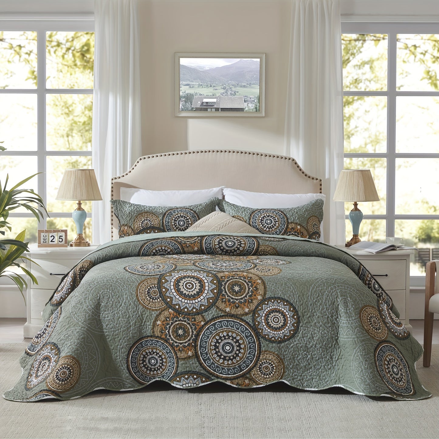 3pcs Queen And King Size Quilt Set, Orange Rust Olive Green Grey Bedspread Coverlet, Soft Lightweight Microfiber Floral Blanket, Luxurious Warm Oversized Bed Cover for All Seasons (1 Quilt, 2 Pillow Shams)