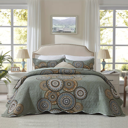 3pcs Queen And King Size Quilt Set, Orange Rust Olive Green Grey Bedspread Coverlet, Soft Lightweight Microfiber Floral Blanket, Luxurious Warm Oversized Bed Cover for All Seasons (1 Quilt, 2 Pillow Shams)