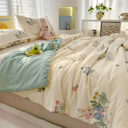 [Rabbit Blanket Summer Quilt] Rabbit Sweet Pattern Printed Thin Blanket Summer Sleeping Quilt, Soft And Breathable, Cute Rabbit Pattern, Double-Sided Design, Lightweight And Comfortable, All Seasons Thin Blanket, Machine Washable