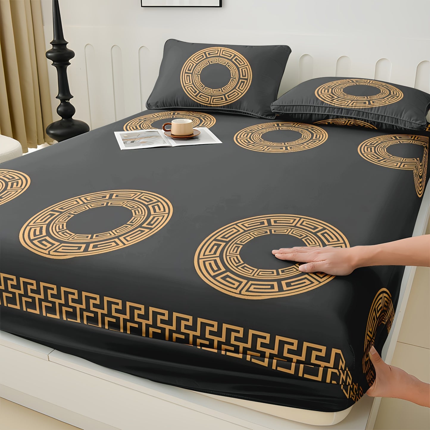 Premium Black Golden Geometric Polyester Fitted Bed Sheet One-Piece Cover for Twin Queen King Sizes - Plush Touch Luxury Bed Skirt with Modern Circular Design, Wrinkle-Free & Smooth Texture (Pillowcases Excluded)