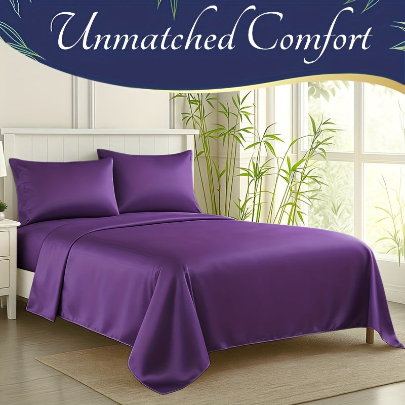 3pcs/ 4pcs Bamboo Cooling Bed Sheet Set -14"Deep Pocket, Exquisite Pinch Pleat, Shrink-Resistant, Fade-Resistant, Skin-Friendly Bedding with 1or2 Pillowcases, 1 Flat Sheet, 1 Fitted Sheet, Dorm Bedding for College, Cozy Comfort