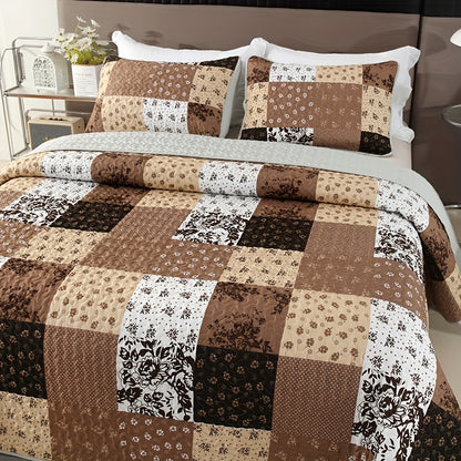3pcs Brushed Printed Quilt Set, Square Floral Printed Bedspread Set
