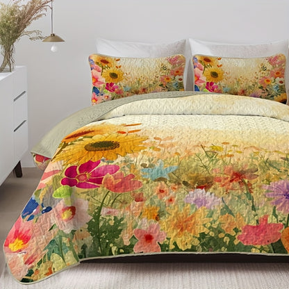 Sunflower Meadow Pattern Quilt Set (1 Quilt +1/2 Pillowcases, Without Fillers) Easy Care, Hypoallergenic Feature Bedspread Coverlet | Soft, Breathable & Machine Washable | Perfect for Men/Women in Dorms/Hotels (Full/Queen/King)