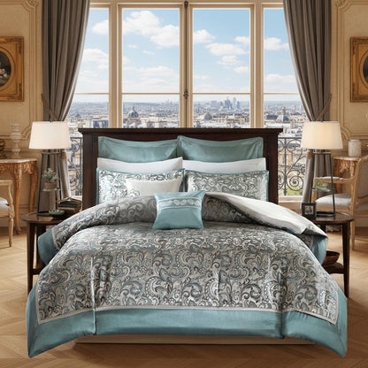 local warehouse 8 Piece Bedding Set with Lustrous Jacquard Paisley Pattern and Matching Bed Sheet, All-Season Down Alternative Comforter Set
