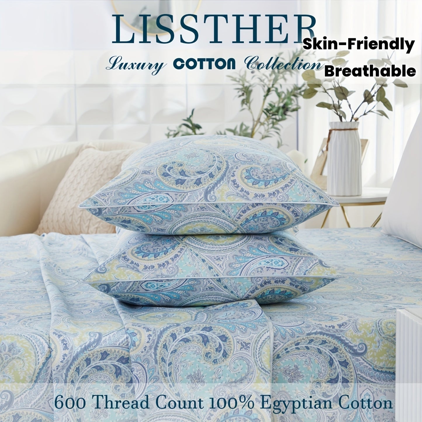 4pcs 600TC 100% Egyptian Cotton Fitted Sheet Set (1*Fitted Sheet + 1*Flat Sheet + 2*Pillowcase, Without Core), Luxury Classic Paisley Floral Pattern Bedding, Soft Breathable And Skin-friendly, for Bedroom Guest Room Student Dorm All Seasons