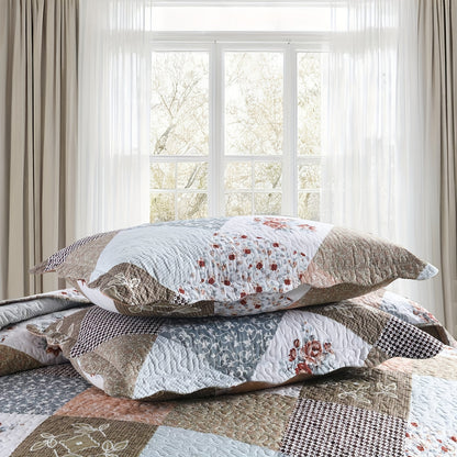 Garden Floral Printed 3pcs Quilt Set, Lightweight Reversible Microfiber Bedspread and Coverlet Set with Shams, Machine Washable, All Season Comfort, Oversized Quilted Bedding (1 Bedspread, 2 Pillowcase, Without Core), Brown