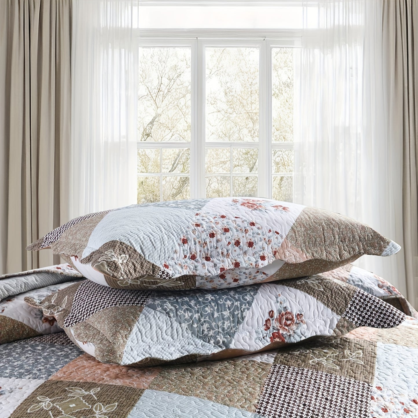 Garden Floral Printed 3pcs Quilt Set, Lightweight Reversible Microfiber Bedspread and Coverlet Set with Shams, Machine Washable, All Season Comfort, Oversized Quilted Bedding (1 Bedspread, 2 Pillowcase, Without Core), Brown