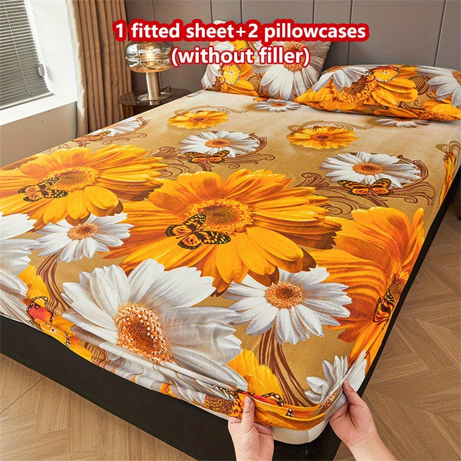 3pcs Skin-Friendly Vibrant Golden Sunflower + Butterfly Print Fitted Sheet Set, Includes 1 Fitted Sheet + 2 Pillowcases (Pillow Inserts Not Included), Soft, Comfortable, Breathable, and Durable, with 30cm/11.8in Deep Pockets for a Perfect Fit