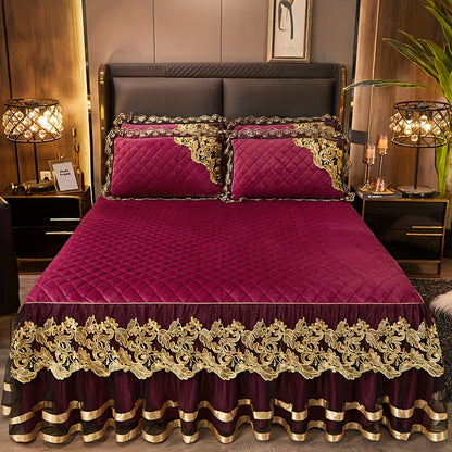 European High-End Lace Splicing Crystal Velvet Bed Skirt 3pcs Set Autumn And Winter Warm Coral Velvet Bed Cover Thickened Velvet Fitted Sheet Anti-Slip Mattress Protector Bedding