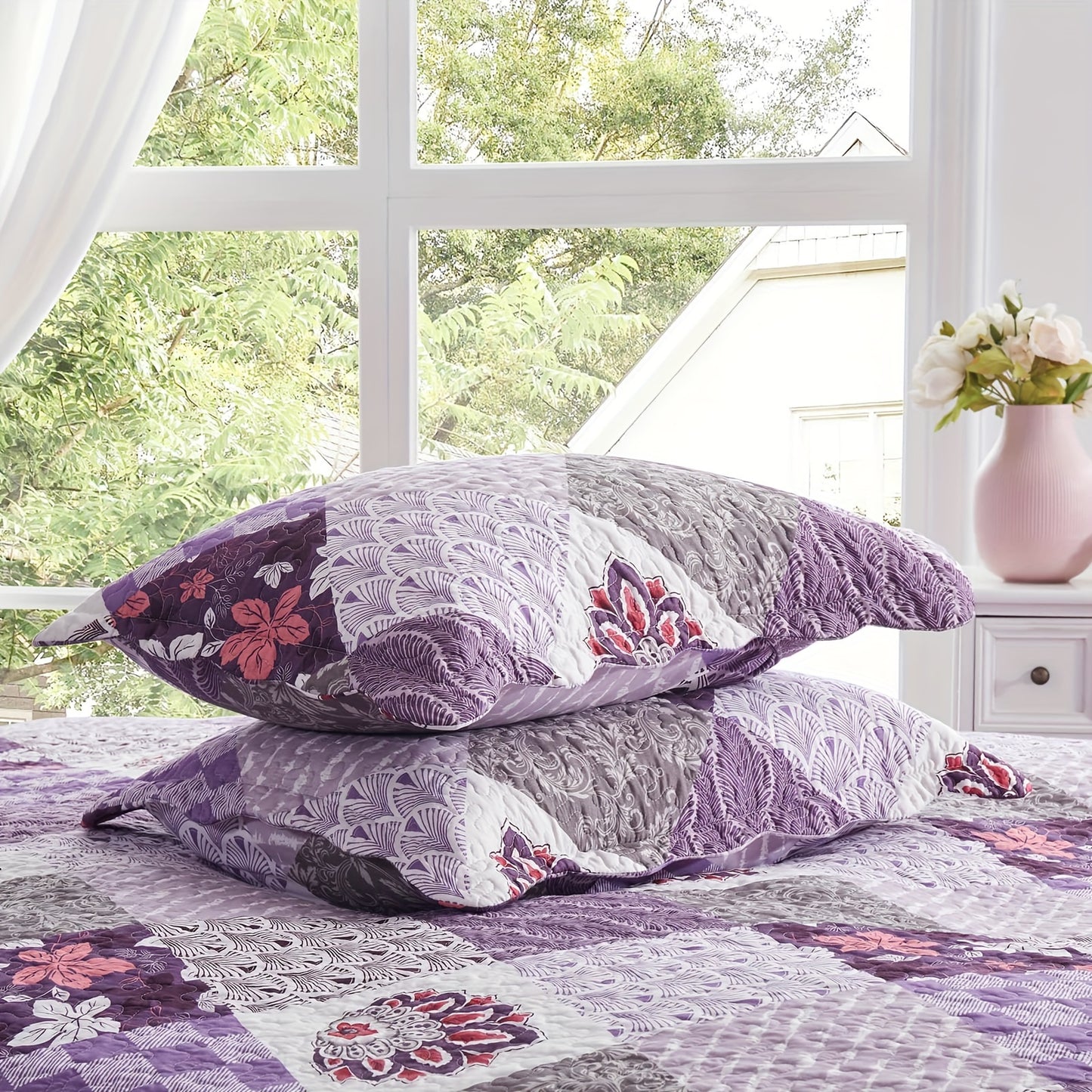 Twin, Queen And King Size Quilt Set - Brown, Grey, Blue And Purple Reversible Bedspread with 1-2 Pillow Shams - Soft Lightweight Oversized Coverlet - Warm Patchwork Bed Cover for All Seasons