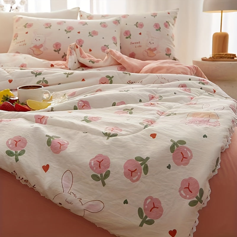 1pc Cute Rabbit & Rose Bedspread - Summer Quilt with Tassel Lace Edges, Super Soft Washed Fabric, Charming Rabbit & Floral Design, Machine Washable Thin Bed Cover for Room,, or Cozy Bedding Accent - Easy Care & Durable