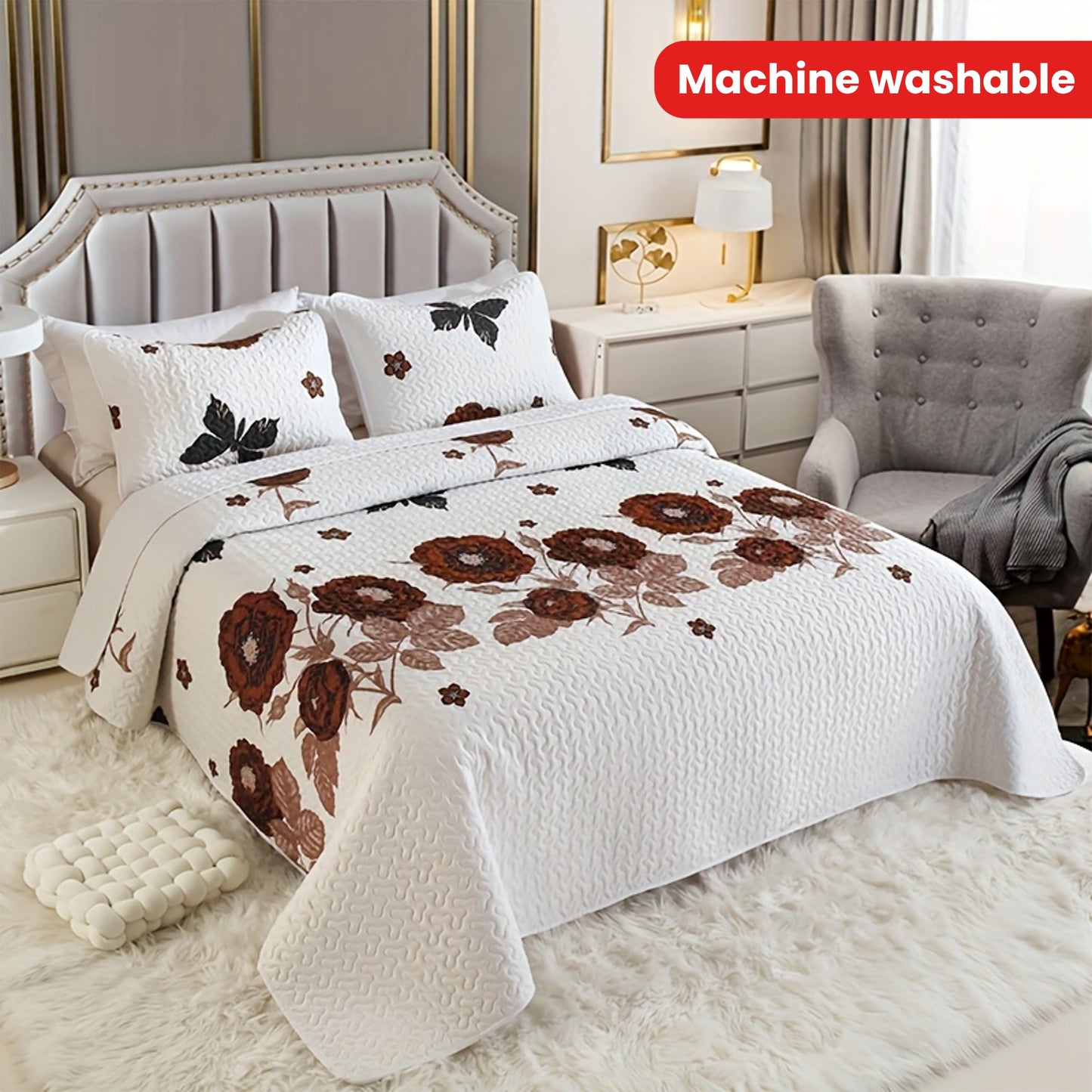 3pcs Brushed Floral Print Quilted Bedspread Set with Pillow Shams, Coffee Rose Design, Polyester Woven Coverlet Set with Polyester Filling, Machine Washable - Queen & King Sizes Available