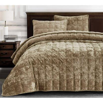 3-Piece Distressed Velvet Quilt Set, Piers Plush Velvet Bedspread Soft Washed Microfiber Reverse with Double Square Stitch Oversized King/King/Queen Size