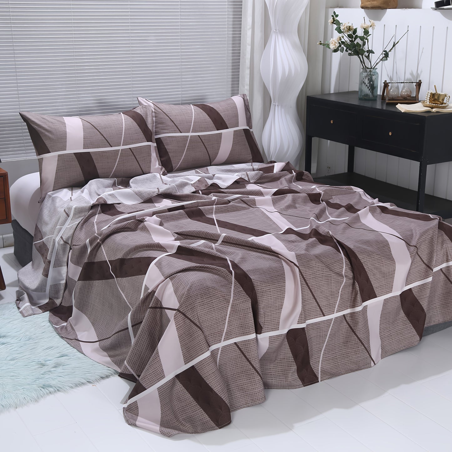 3pcs Geometric Checkered RV Single/Double Bed Sheet Set - Soft, Skin-Friendly, Shrink-Resistant Full-Size Bedding, 1 Flat Sheet + 2 Deep Pocket Pillowcases. Suitable for Rental Homes, Couples' Beds, Hotel King Rooms, Bedroom Couple Beds, Dorm Single